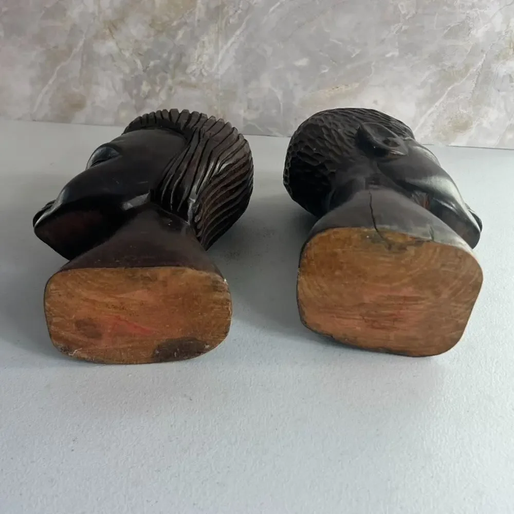 Vintage African Hand Carved Ebony Wood Head Sculptures 10.5